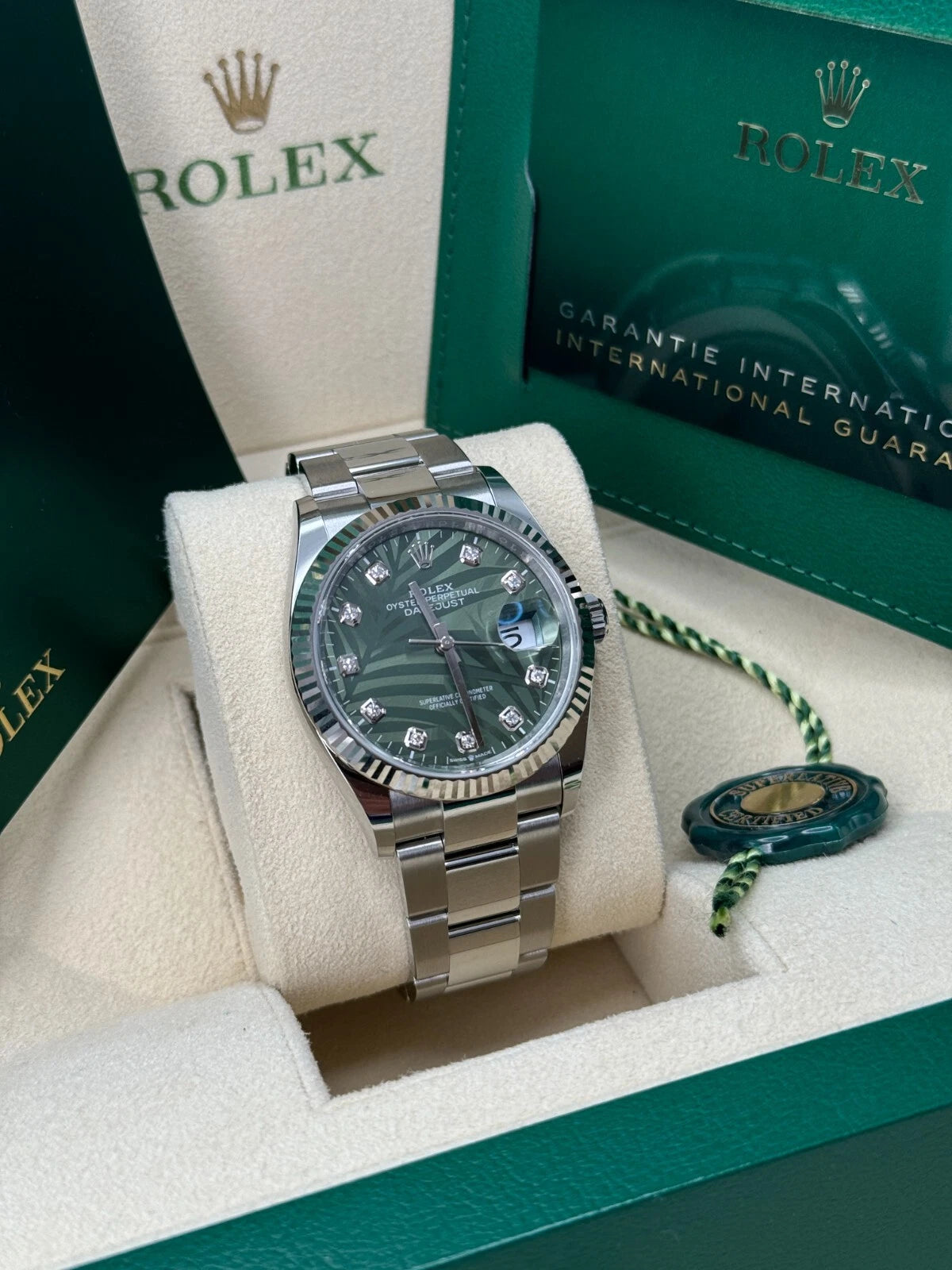 【1:1 Super Clone】  Datejust 36mm 126234 Olive Green Palm Motif Diamond Dial Jubilee Stainless Steel Watch