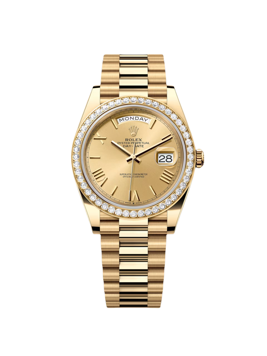 【1:1 Super Clone】 Day-Date 40mm Champagne Dial and Diamond Bezel Yellow Gold President Bracelet  228348RBR-0003