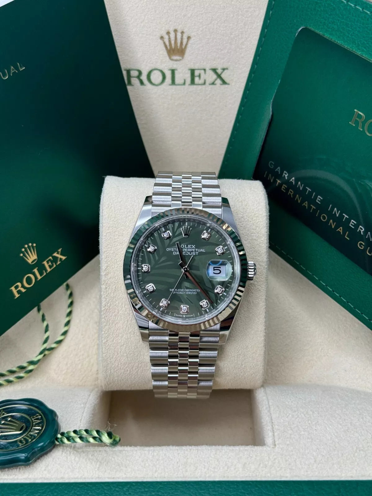 【1:1 Super Clone】  Datejust 36mm 126234 Olive Green Palm Motif Diamond Dial Jubilee Stainless Steel Watch
