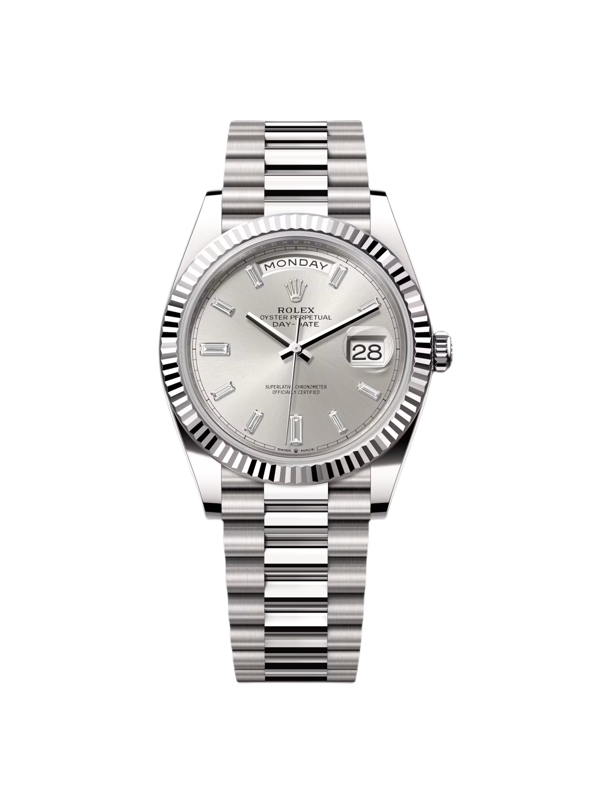 【1:1 Super Clone】  Day-Date "President" 40mm White Gold Silver Diamond Baguette Dial - 228239