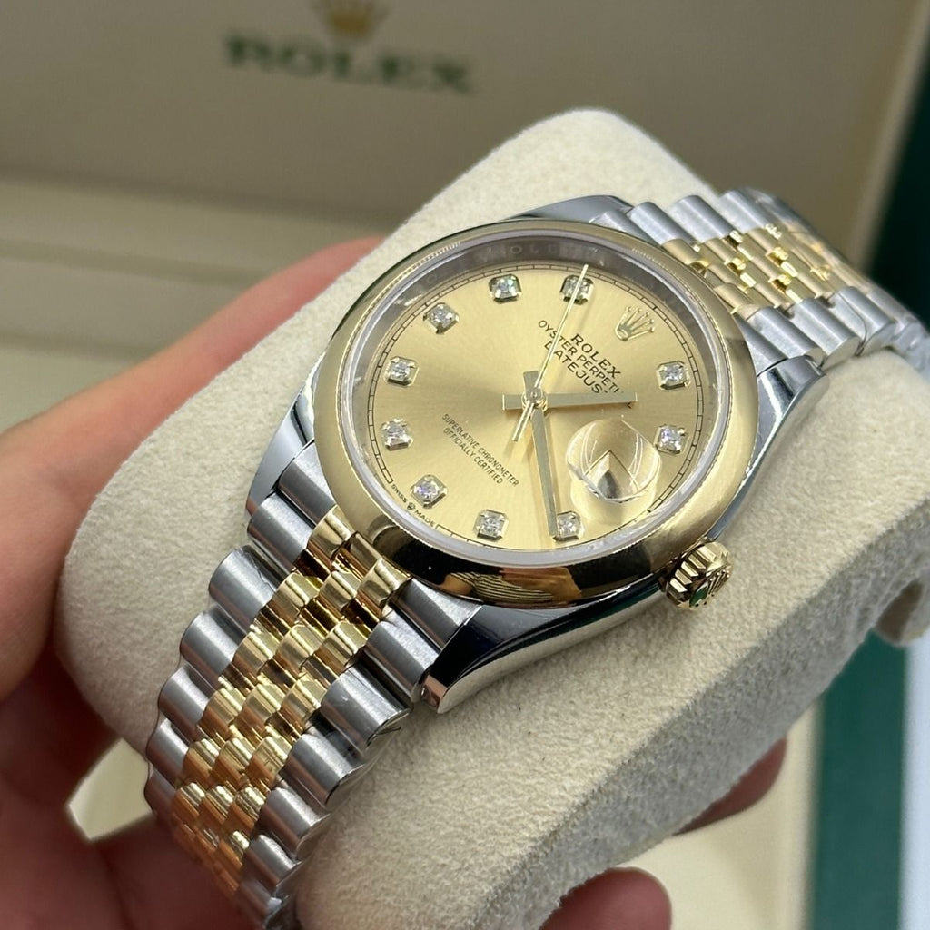 【1:1 Super Clone】  Datejust 36mm 126203 Champagne Set with Diamonds Dial Domed Bezel Oyster Bracelet