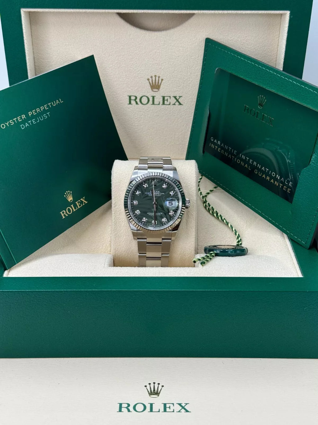 【1:1 Super Clone】  Datejust 36mm 126234 Olive Green Palm Motif Diamond Dial Jubilee Stainless Steel Watch