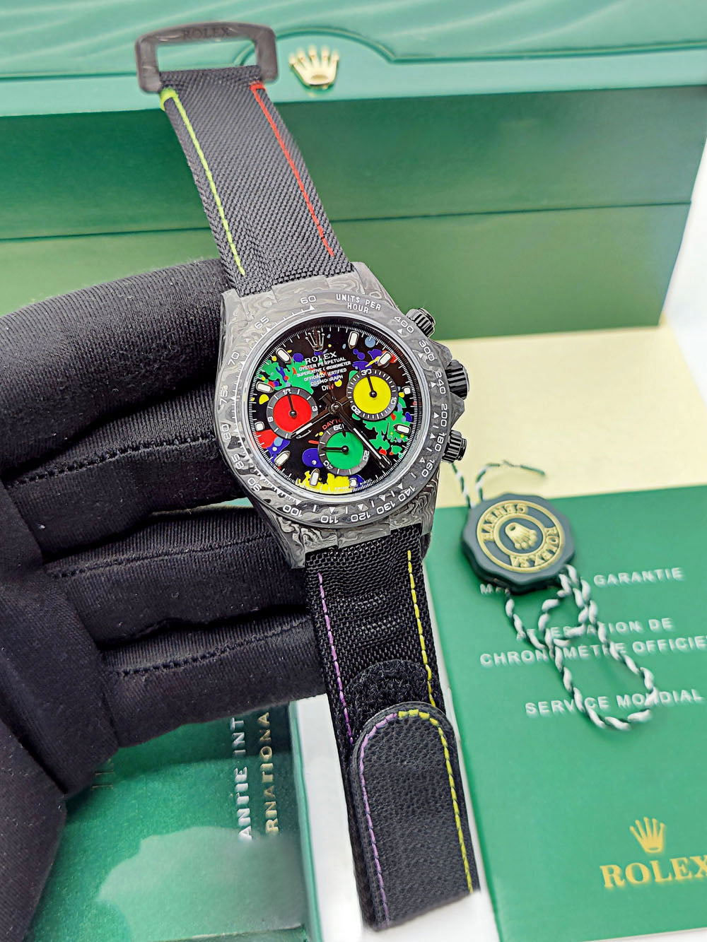 【1:1 Super Clone】Rolex Cosmograph Daytona DIW Carbon Motley Multicolour Dial Super Clone Swiss Replica Watch | Custom Made Limited Edition |