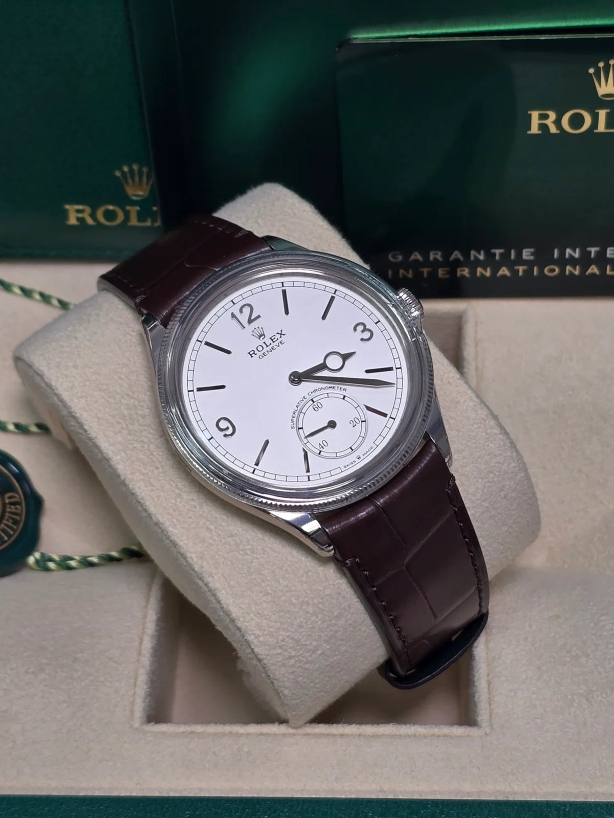 【1:1 Super Clone】Rolex 1908 White Gold White Dial Brown Alligator Strap - 52509-0006