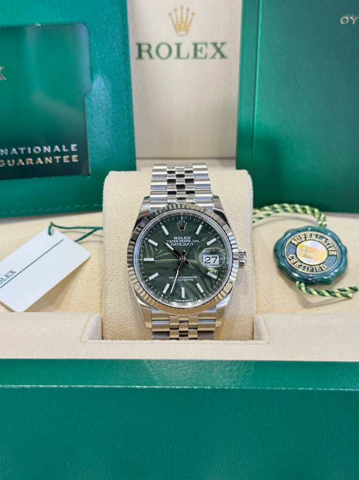 【1:1 Super Clone】  Datejust 36mm 126234 Olive Green Palm Motif Dial Jubilee Stainless Steel Watch