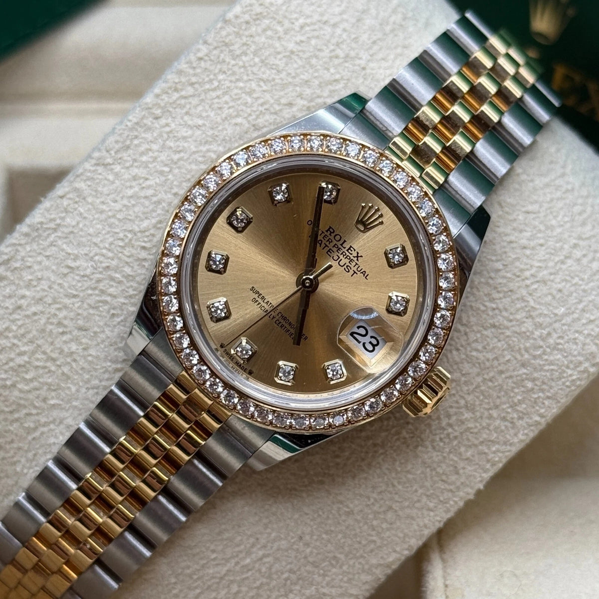【1:1 Super Clone】 Lady-Datejust 28mm 279383RBR Champagne Diamond Dial Yellow Rolesor Oyster Bracelet