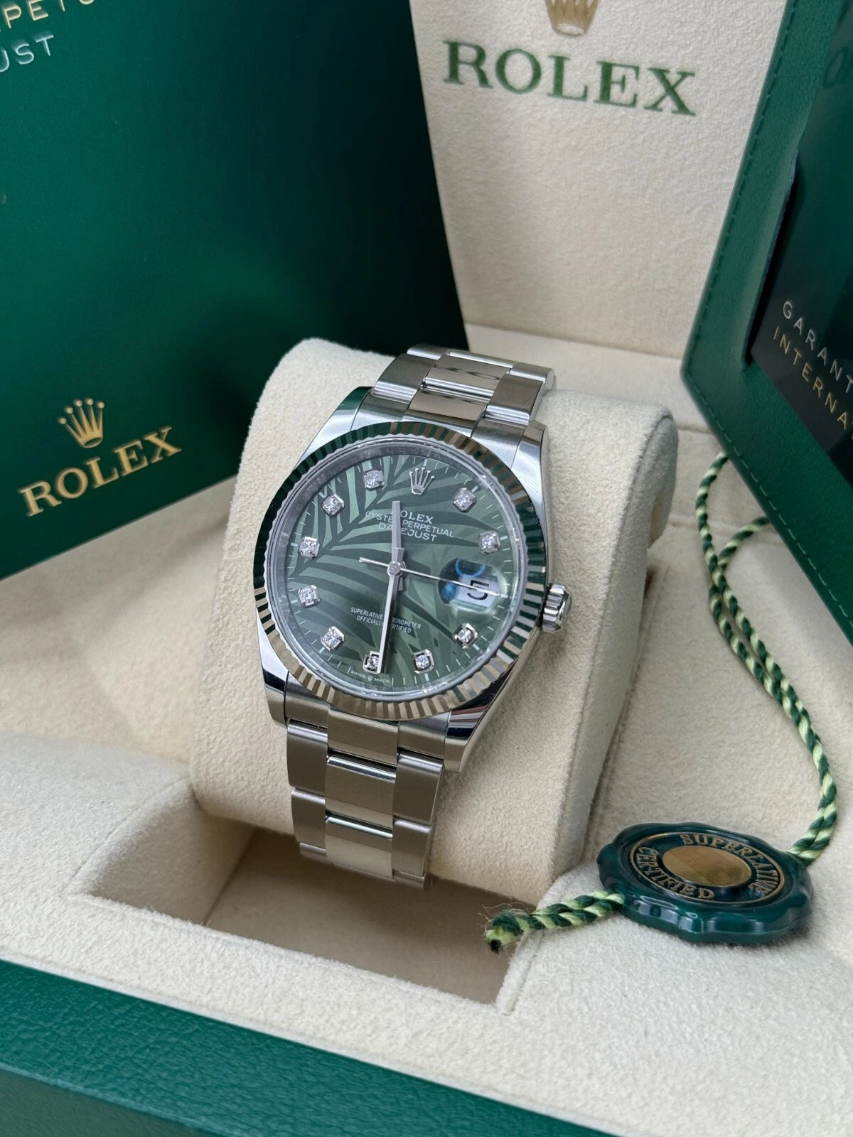 【1:1 Super Clone】  Datejust 36mm 126234 Olive Green Palm Motif Diamond Dial Jubilee Stainless Steel Watch
