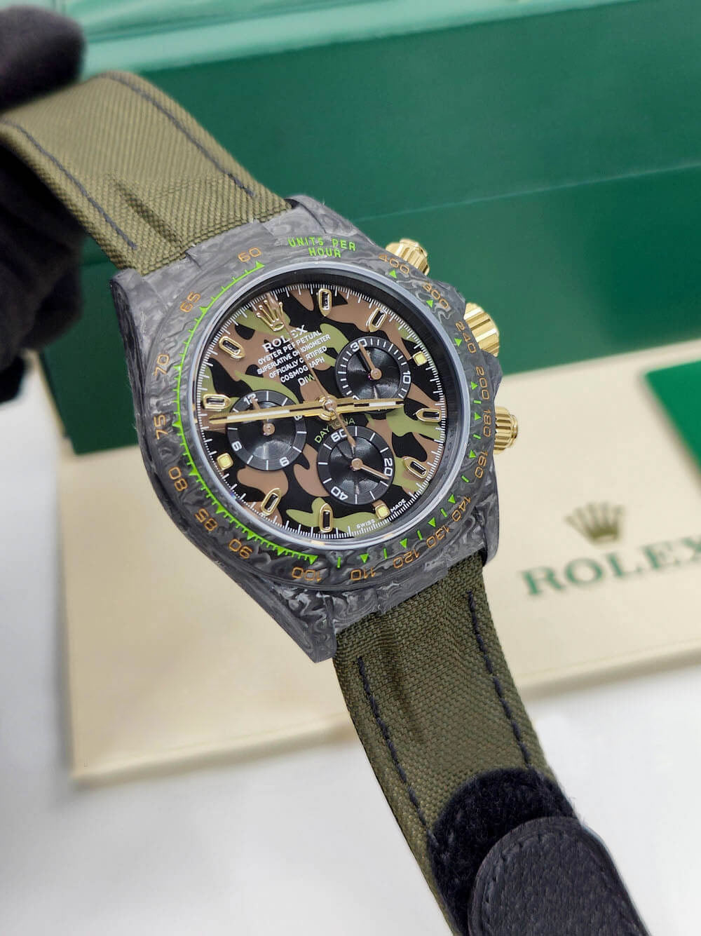 【1:1 Super Clone】Rolex Cosmograph Daytona DIW Carbon Military Green Super Clone Swiss Replica Watch | Custom Made Limited Edition |