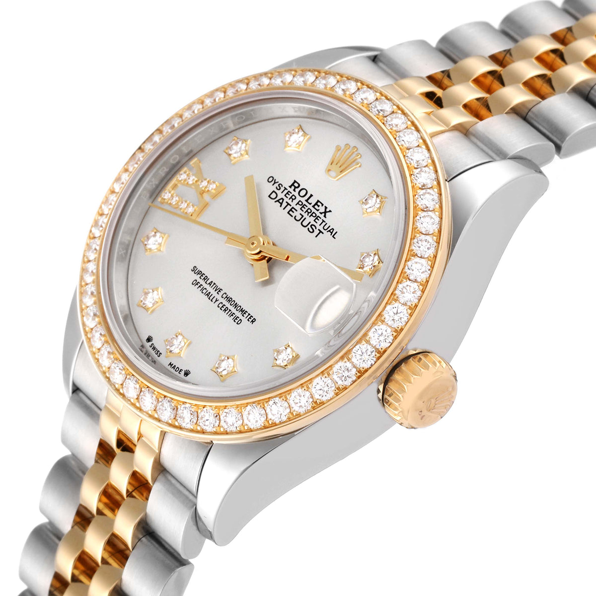 【1:1 Super Clone】 Lady-Datejust 28mm 279383RBR Silver Diamond Dial Yellow Rolesor Oyster Bracelet
