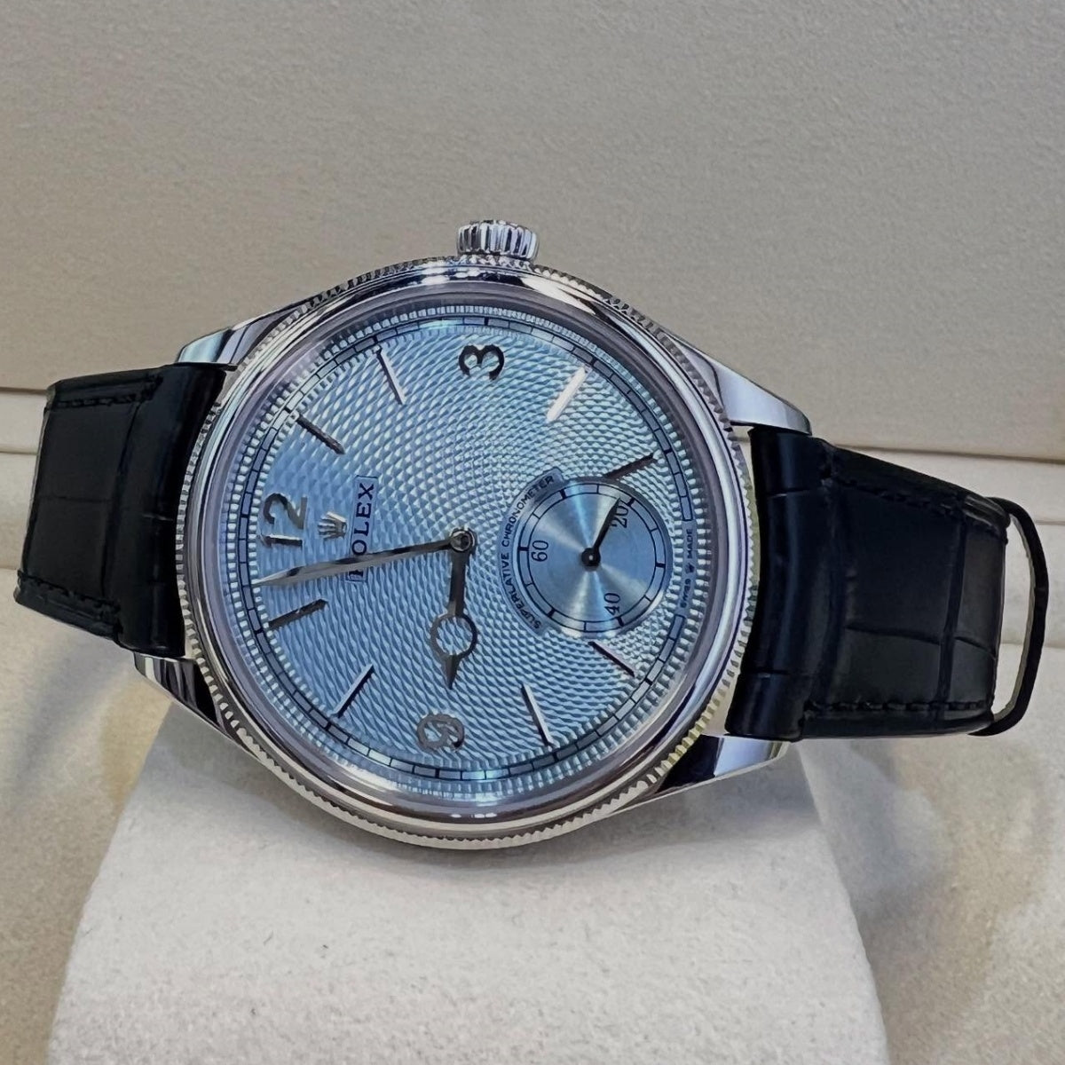 【1:1 Super Clone】Rolex 1908 Platinum Ice Blue Dial Black Alligator Strap - 52506-0003
