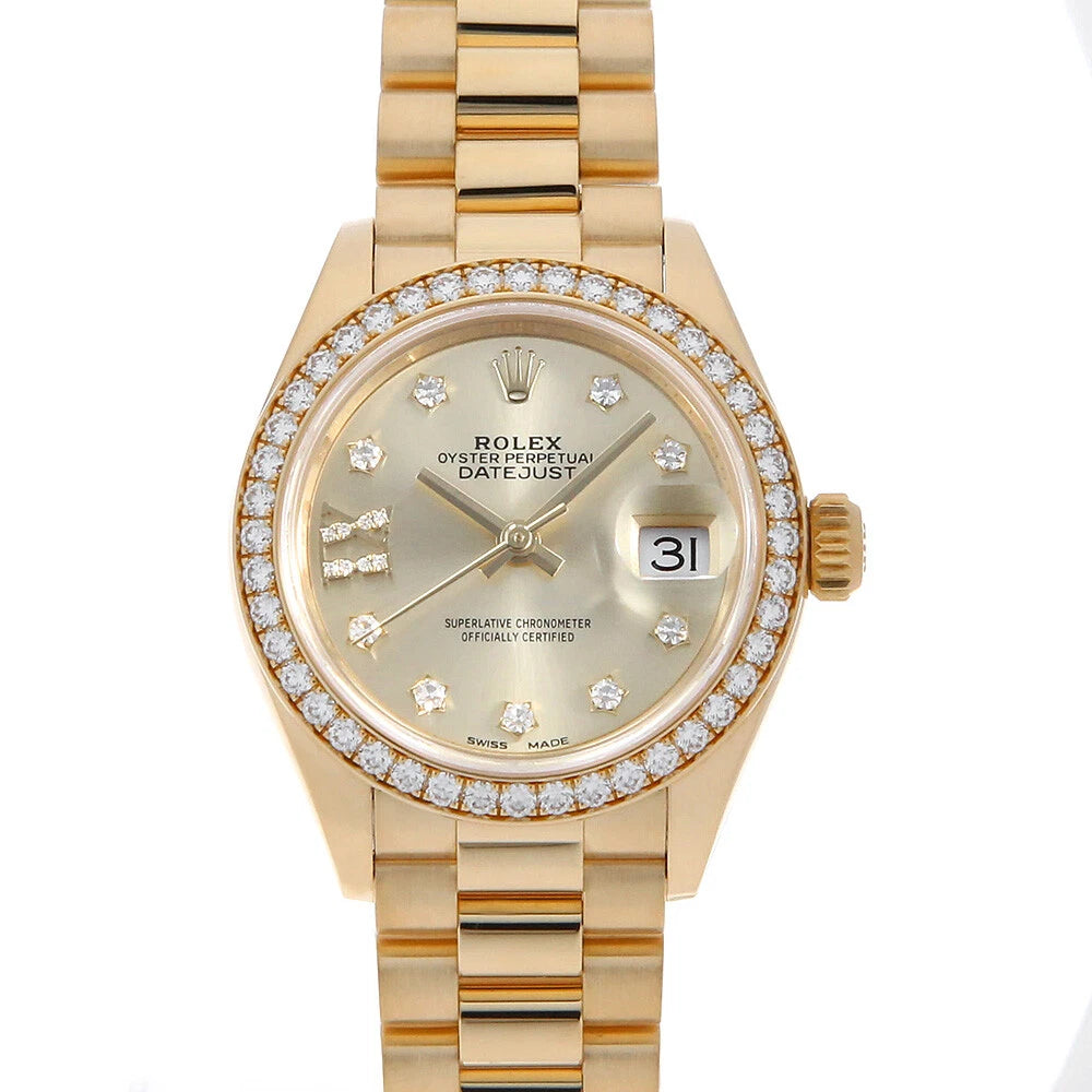 【1:1 Super Clone】 Lady-Datejust 28mm 279138RBR Champagne Diamond Dial and Diamond Bezel Yellow Gold Bracelet