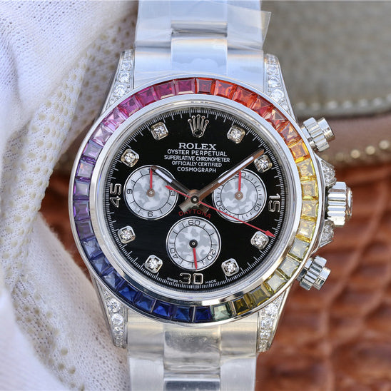 Rolex Pre Owned Steel Daytona 116509 Custom Diamond Rainbow