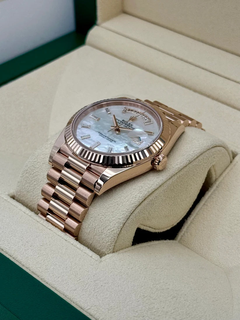 【1:1 Super Clone】 Day-Date "President" 40mm Everose Gold Mother of Pearl Diamond Baguette Dial - 228235