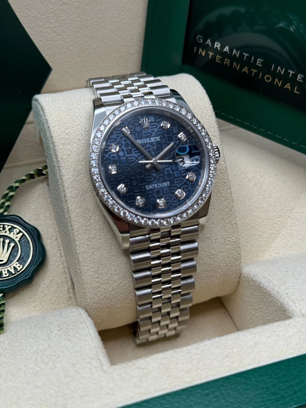 【1:1 Super Clone】  Datejust 36mm 126284 Blue Jubilee Diamond Dial & Diamond Bezel, Stainless Steel Oyster Bracelet Watch