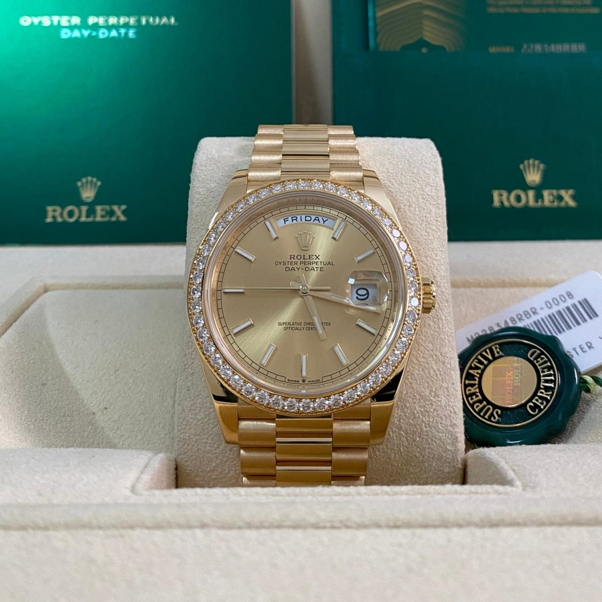 【1:1 Super Clone】 Day-Date 40mm Champaign Dial and Diamond Bezel Yellow Gold President Bracelet 228348RBR-0008