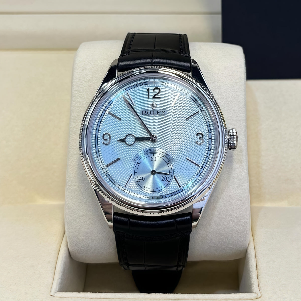 【1:1 Super Clone】Rolex 1908 Platinum Ice Blue Dial Black Alligator Strap - 52506-0003