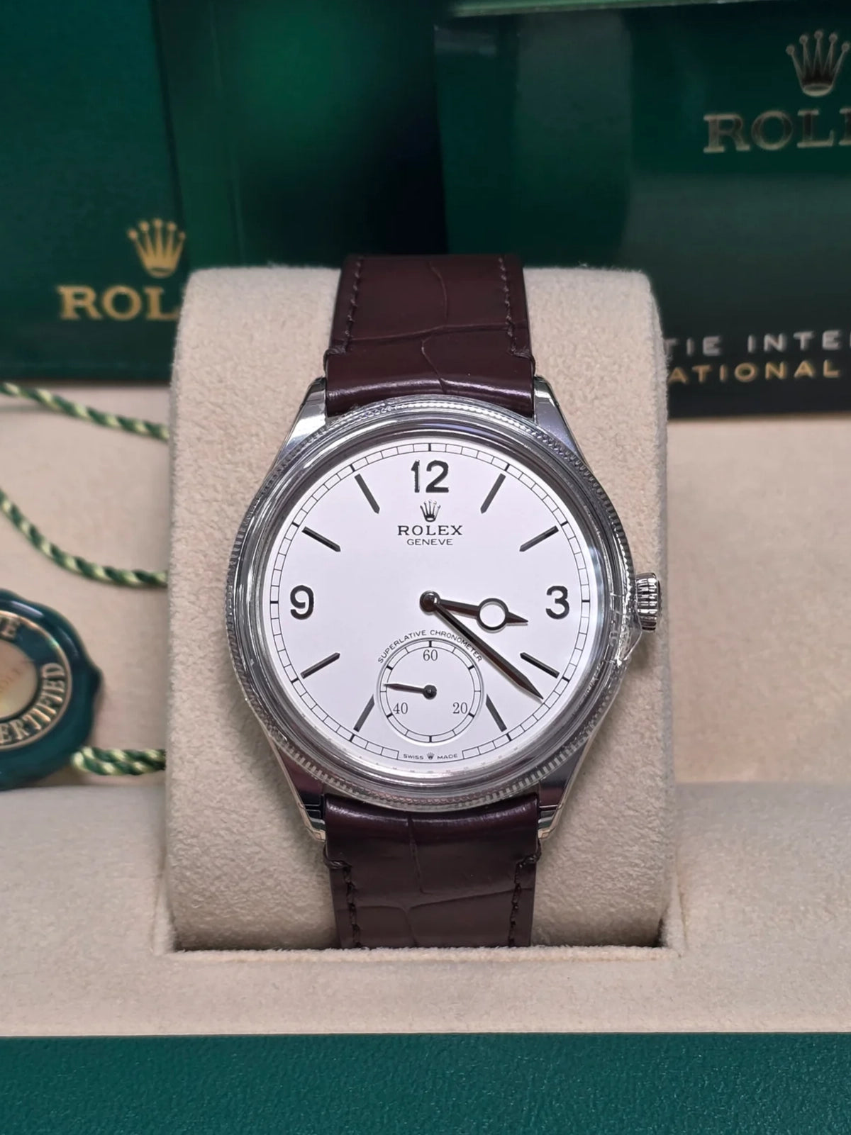 【1:1 Super Clone】Rolex 1908 White Gold White Dial Brown Alligator Strap - 52509-0006