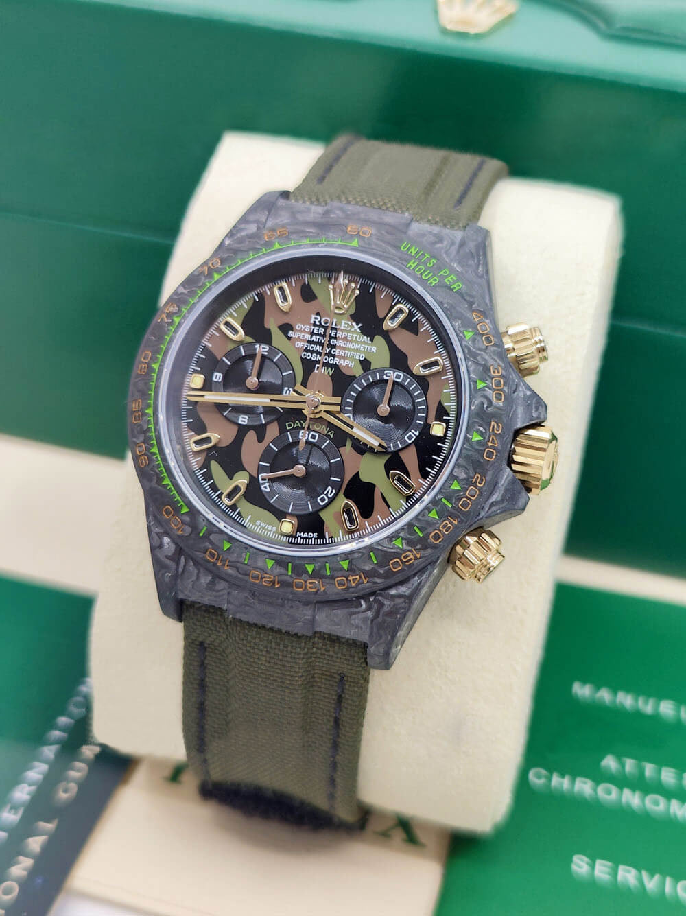 【1:1 Super Clone】Rolex Cosmograph Daytona DIW Carbon Military Green Super Clone Swiss Replica Watch | Custom Made Limited Edition |
