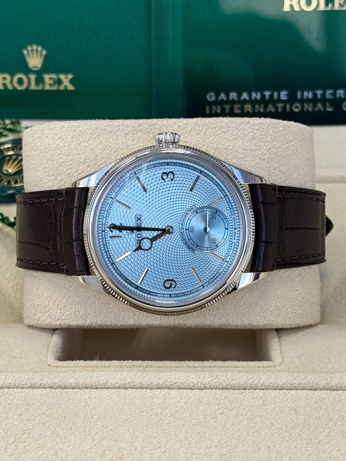 【1:1 Super Clone】Rolex 1908 Platinum Ice Blue Dial Brown Alligator Strap - 52506-0002