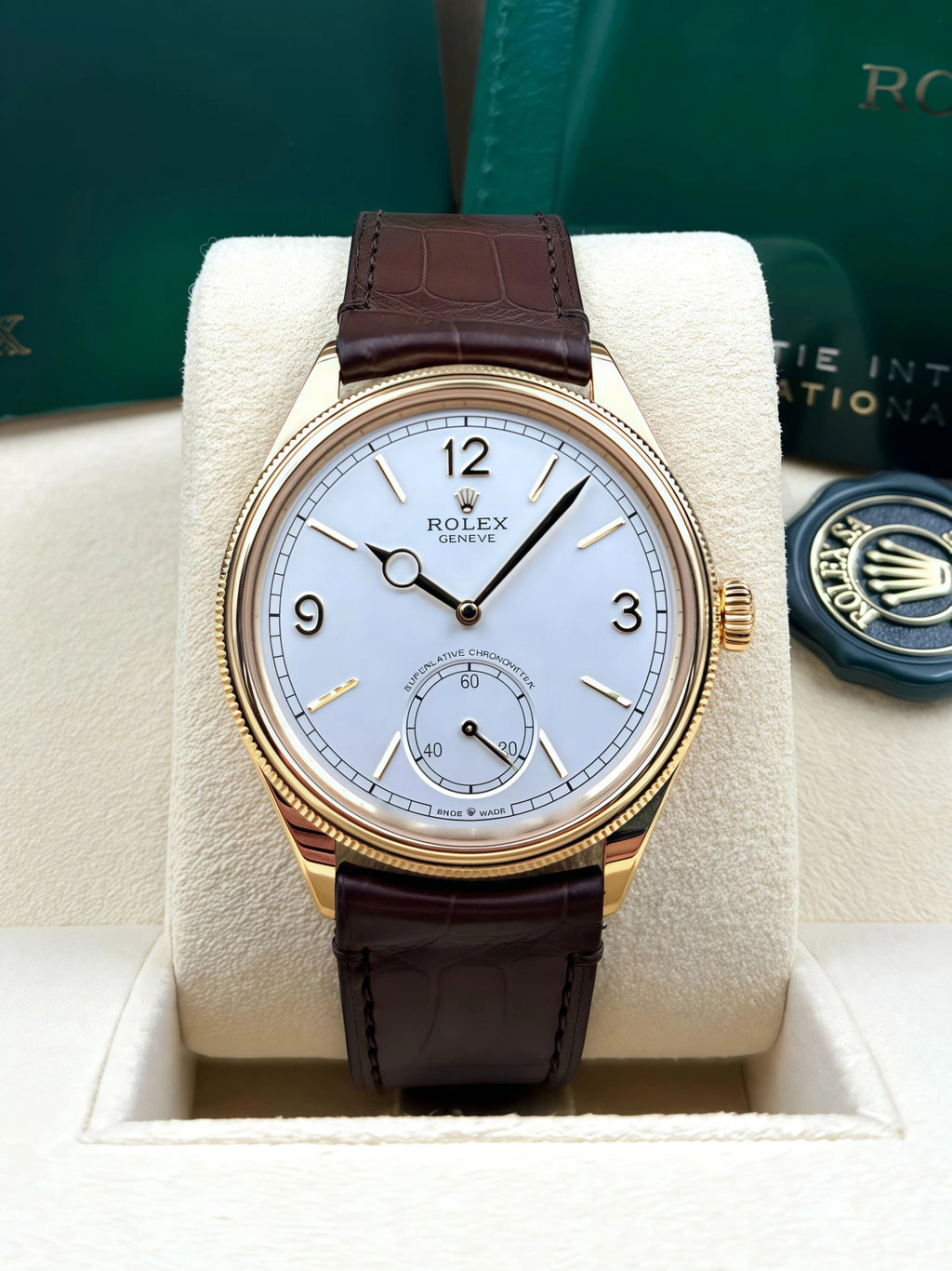 【1:1 Super Clone】Rolex 1908 Yellow Gold White Dial Brown Alligator Strap - 52508-0006