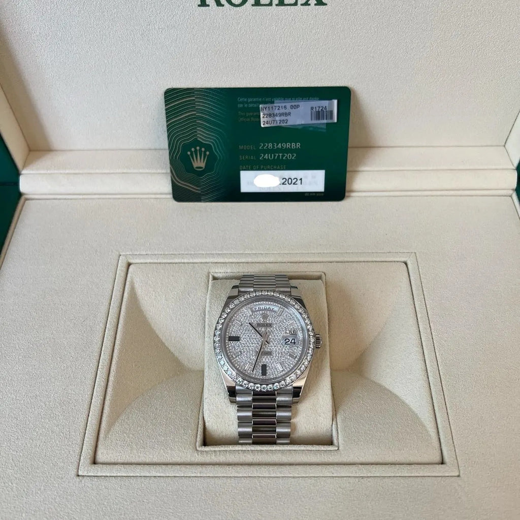 【1:1 Super Clone】 228349RBR-0036 Day-Date 40mm 18k White Gold Paved With Diamonds Watch