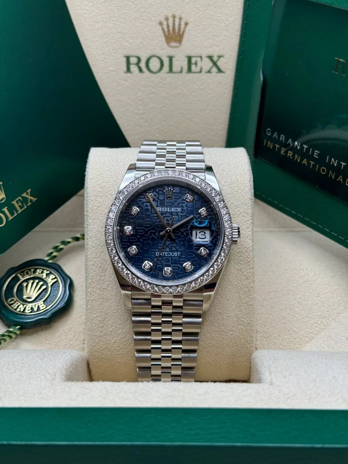 【1:1 Super Clone】  Datejust 36mm 126284 Blue Jubilee Diamond Dial & Diamond Bezel, Stainless Steel Oyster Bracelet Watch