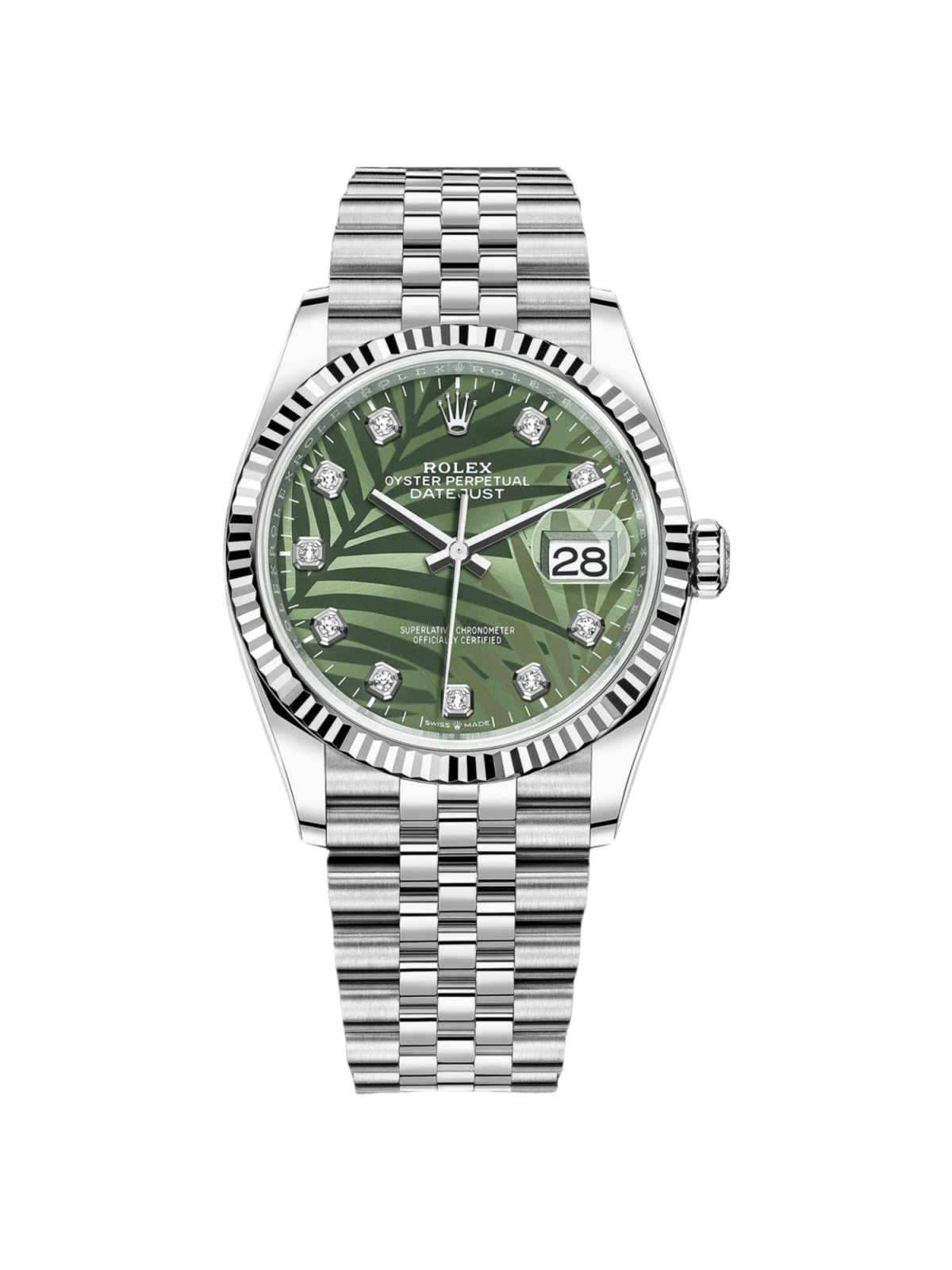 【1:1 Super Clone】  Datejust 36mm 126234 Olive Green Palm Motif Diamond Dial Jubilee Stainless Steel Watch