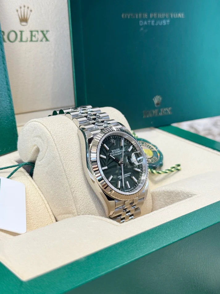【1:1 Super Clone】  Datejust 36mm 126234 Olive Green Palm Motif Dial Jubilee Stainless Steel Watch