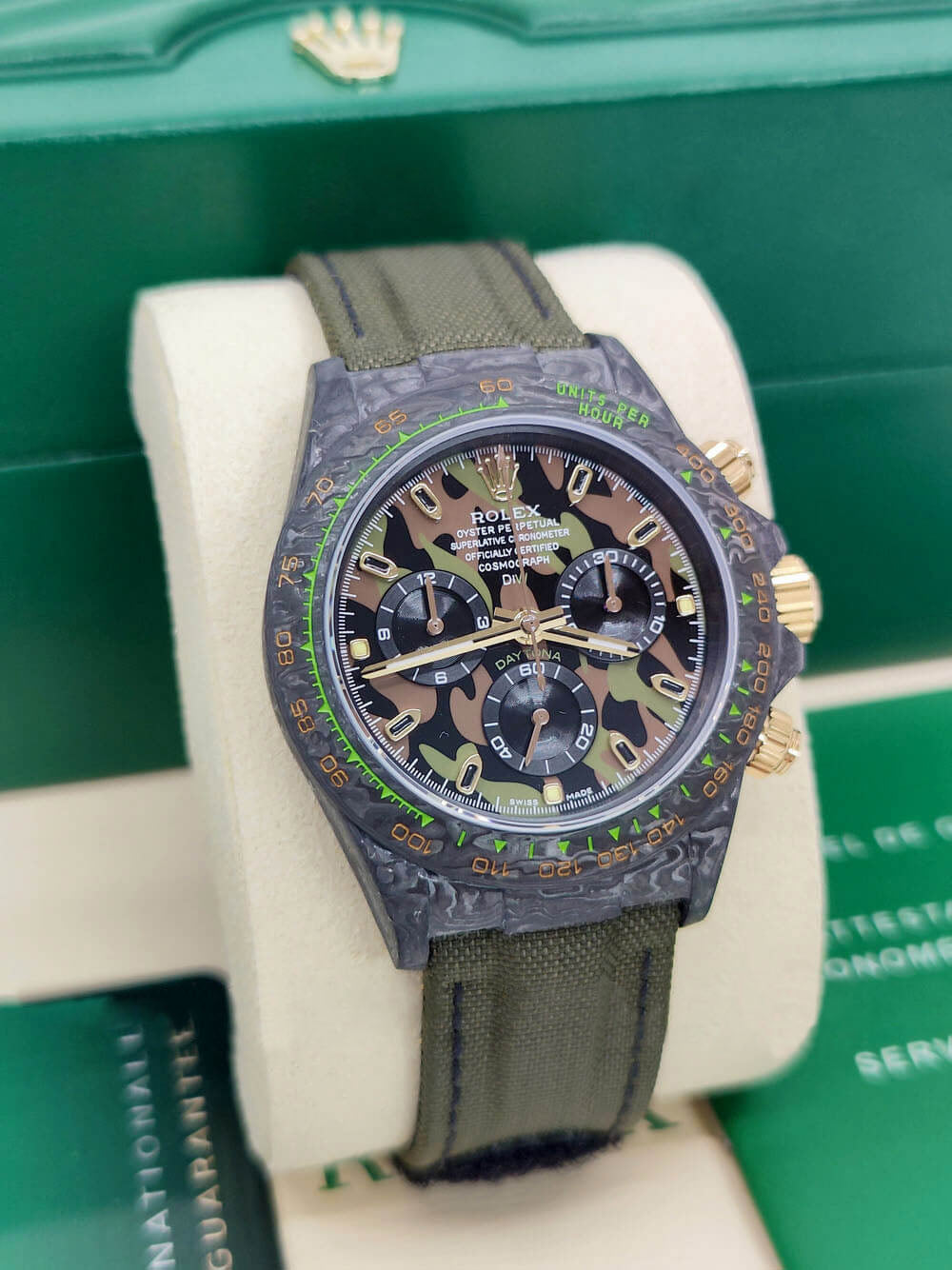 【1:1 Super Clone】Rolex Cosmograph Daytona DIW Carbon Military Green Super Clone Swiss Replica Watch | Custom Made Limited Edition |