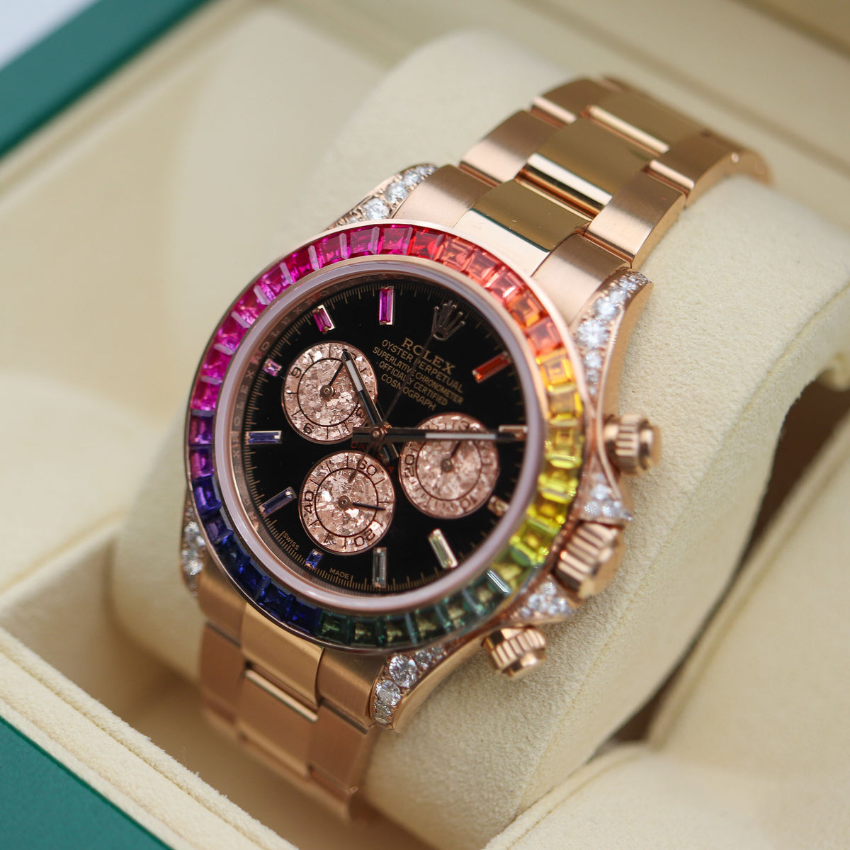 Rolex Daytona Rainbow Baguettes Rose Gold Black Dial 40mm 116595RBOW