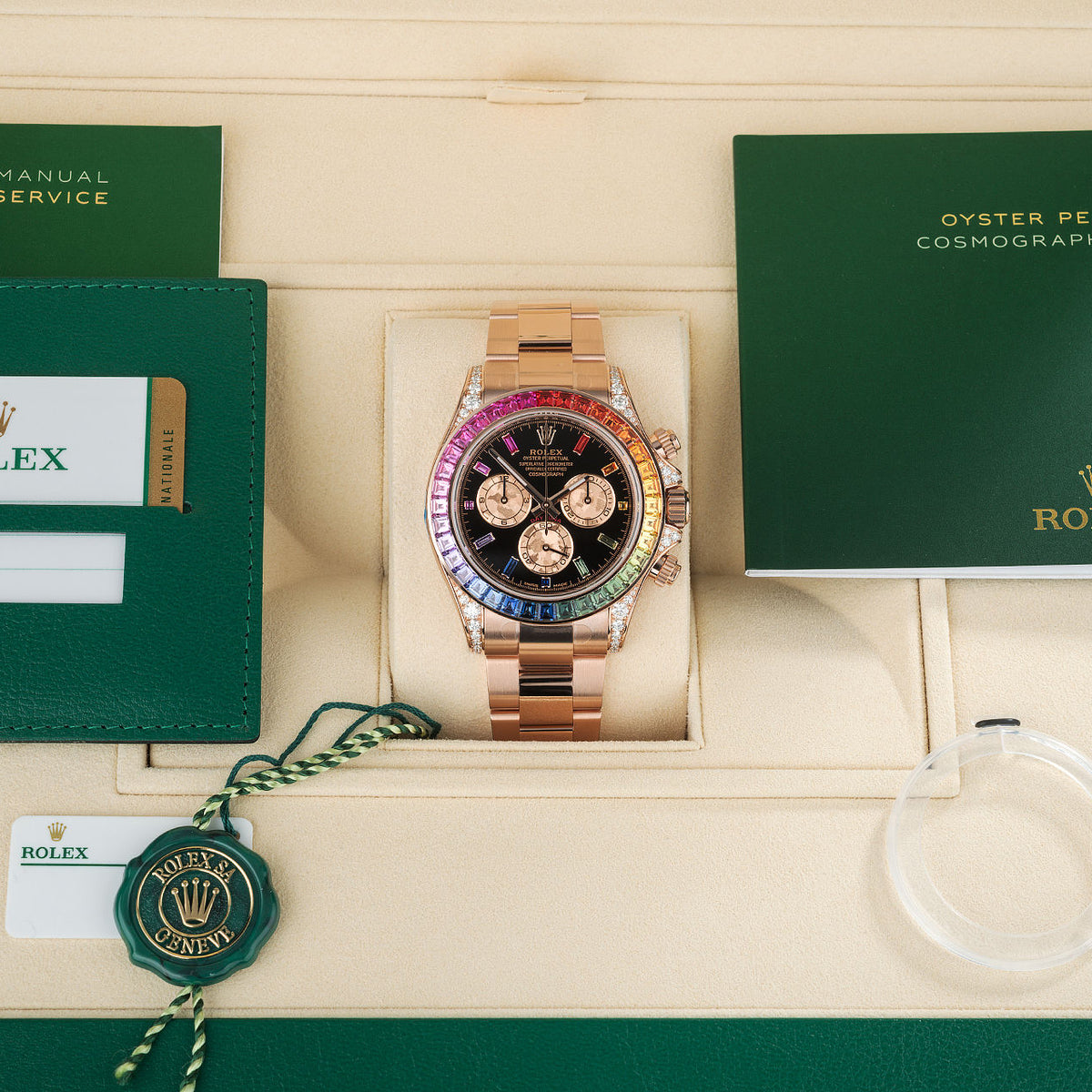 Rolex Daytona Rainbow Baguettes Rose Gold Black Dial 40mm 116595RBOW