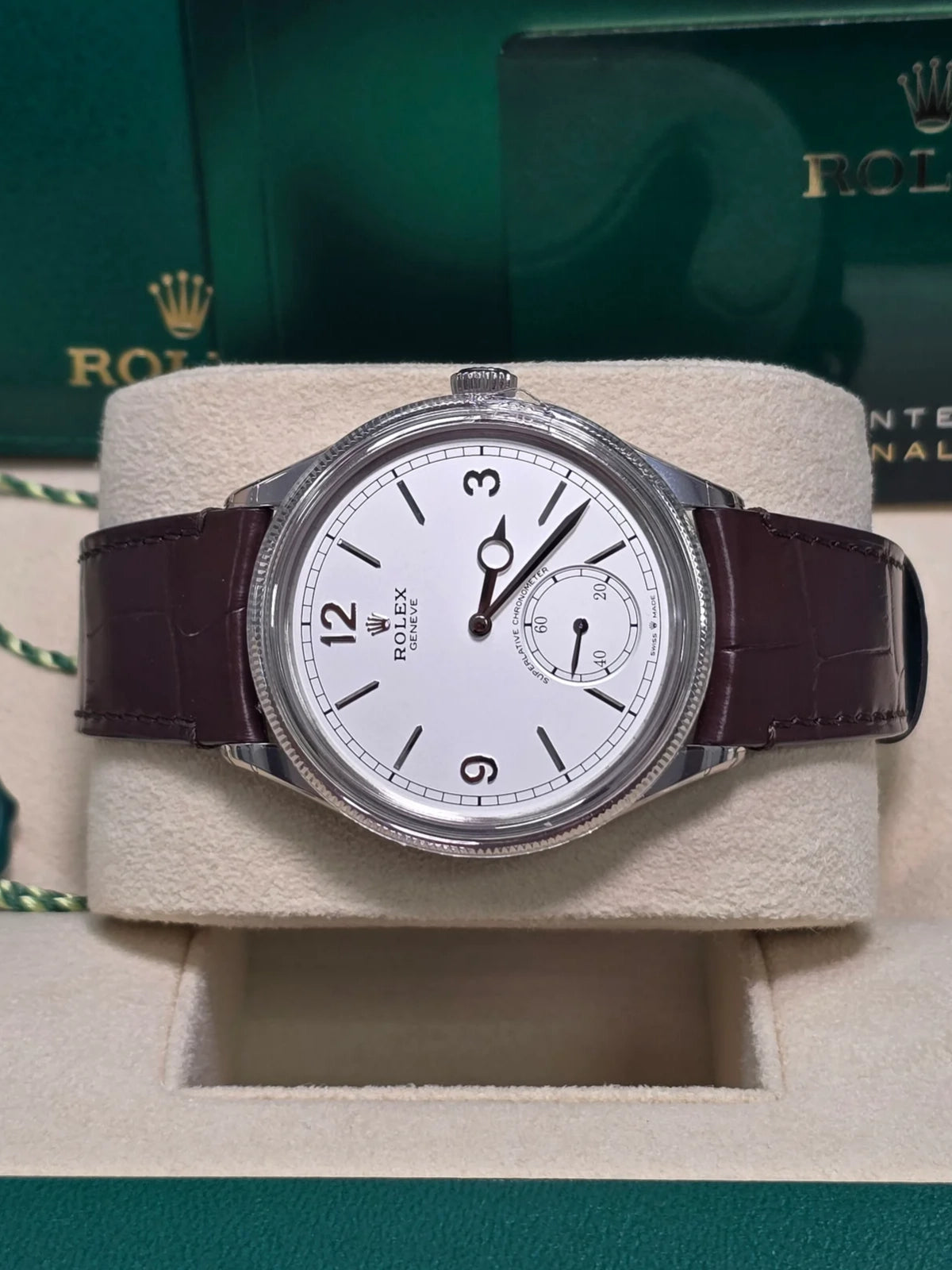 【1:1 Super Clone】Rolex 1908 White Gold White Dial Brown Alligator Strap - 52509-0006