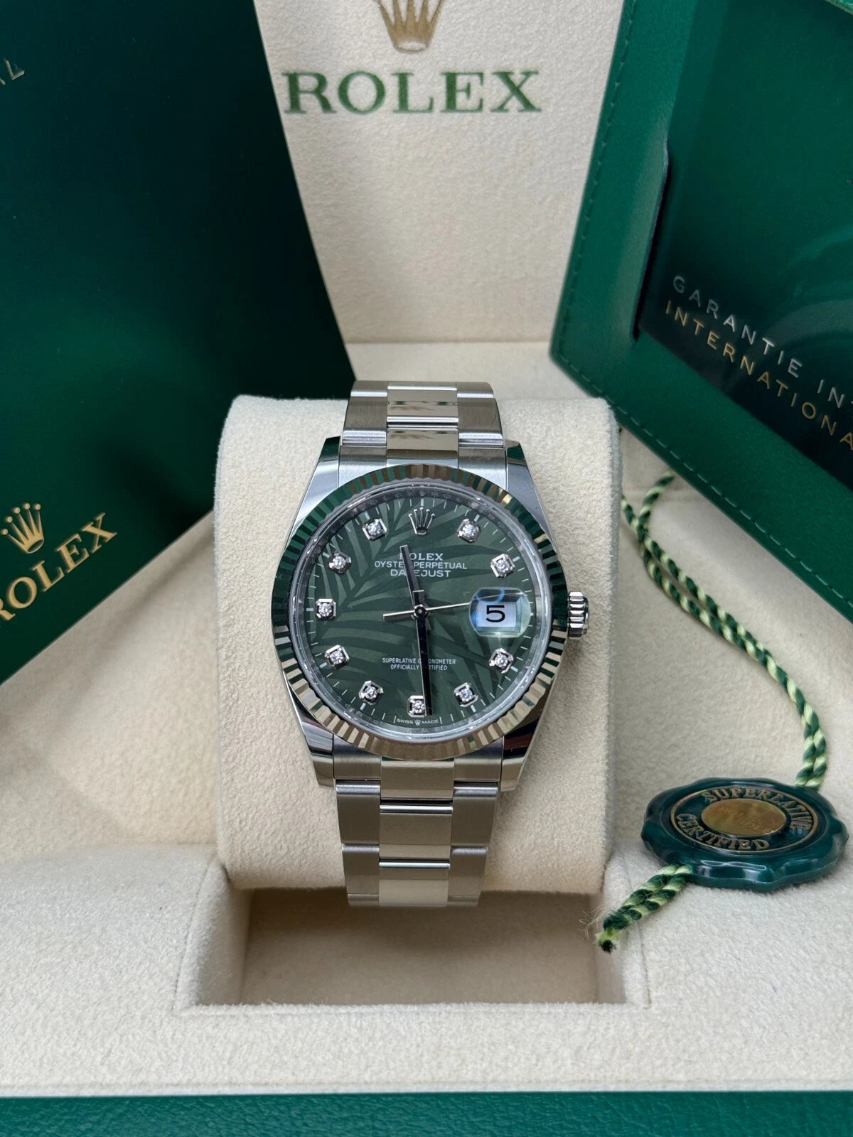 【1:1 Super Clone】  Datejust 36mm 126234 Olive Green Palm Motif Diamond Dial Jubilee Stainless Steel Watch