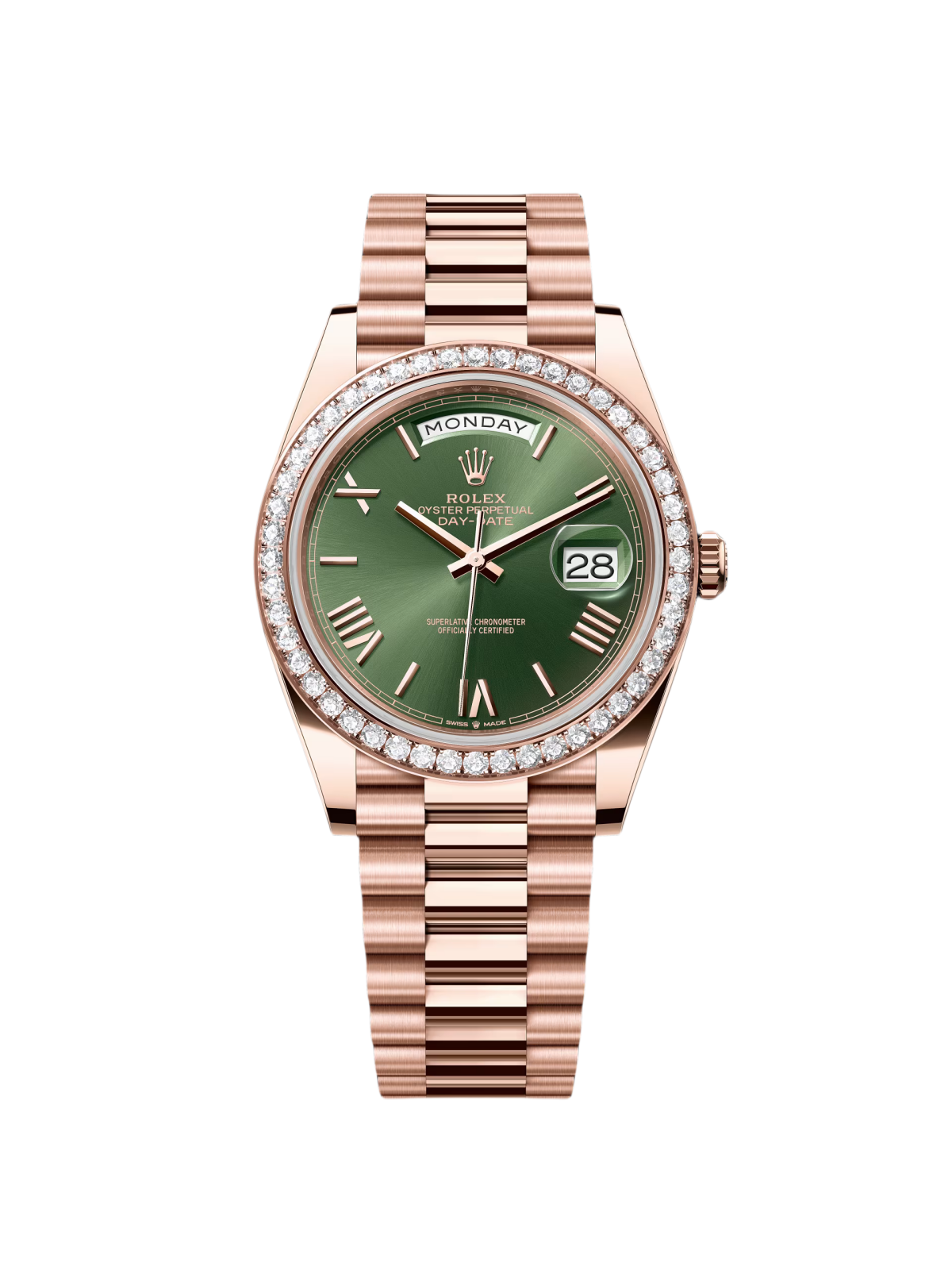 【1:1 Super Clone】   "President" 40mm Everose Gold Olive Green Roman Dial Diamond Bezel - 228345RBR