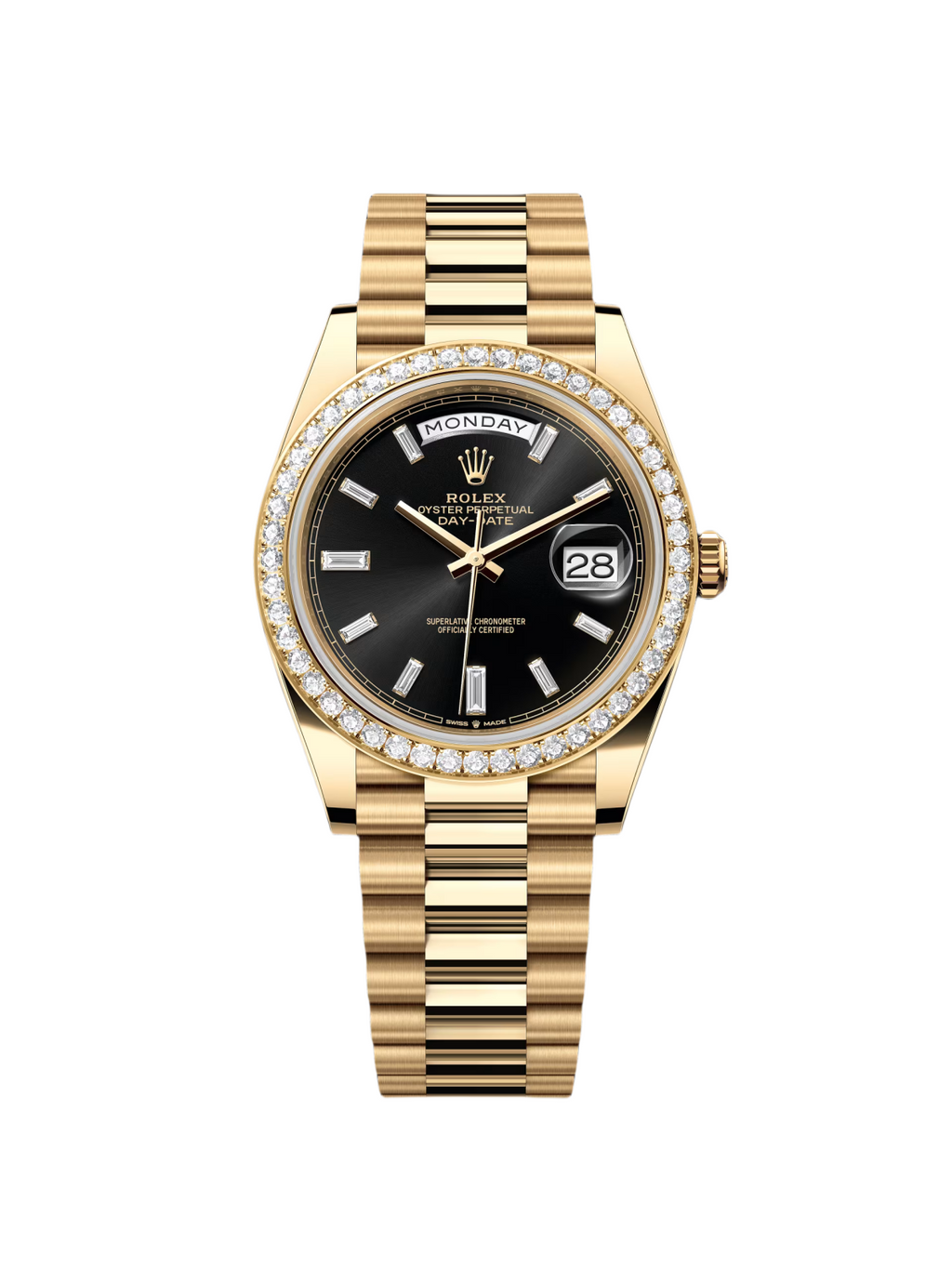 【1:1 Super Clone】 Day-Date 40mm Black Diamond Dial and Diamond Bezel Yellow Gold President Bracelet  228348RBR-0001