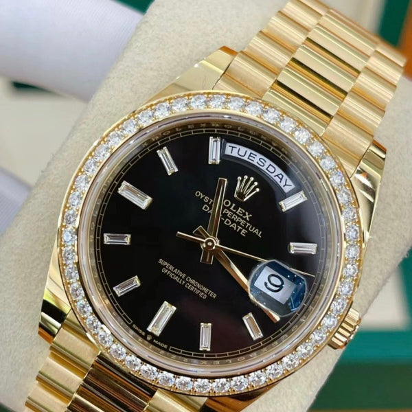 【1:1 Super Clone】 Day-Date 40mm Black Diamond Dial and Diamond Bezel Yellow Gold President Bracelet  228348RBR-0001