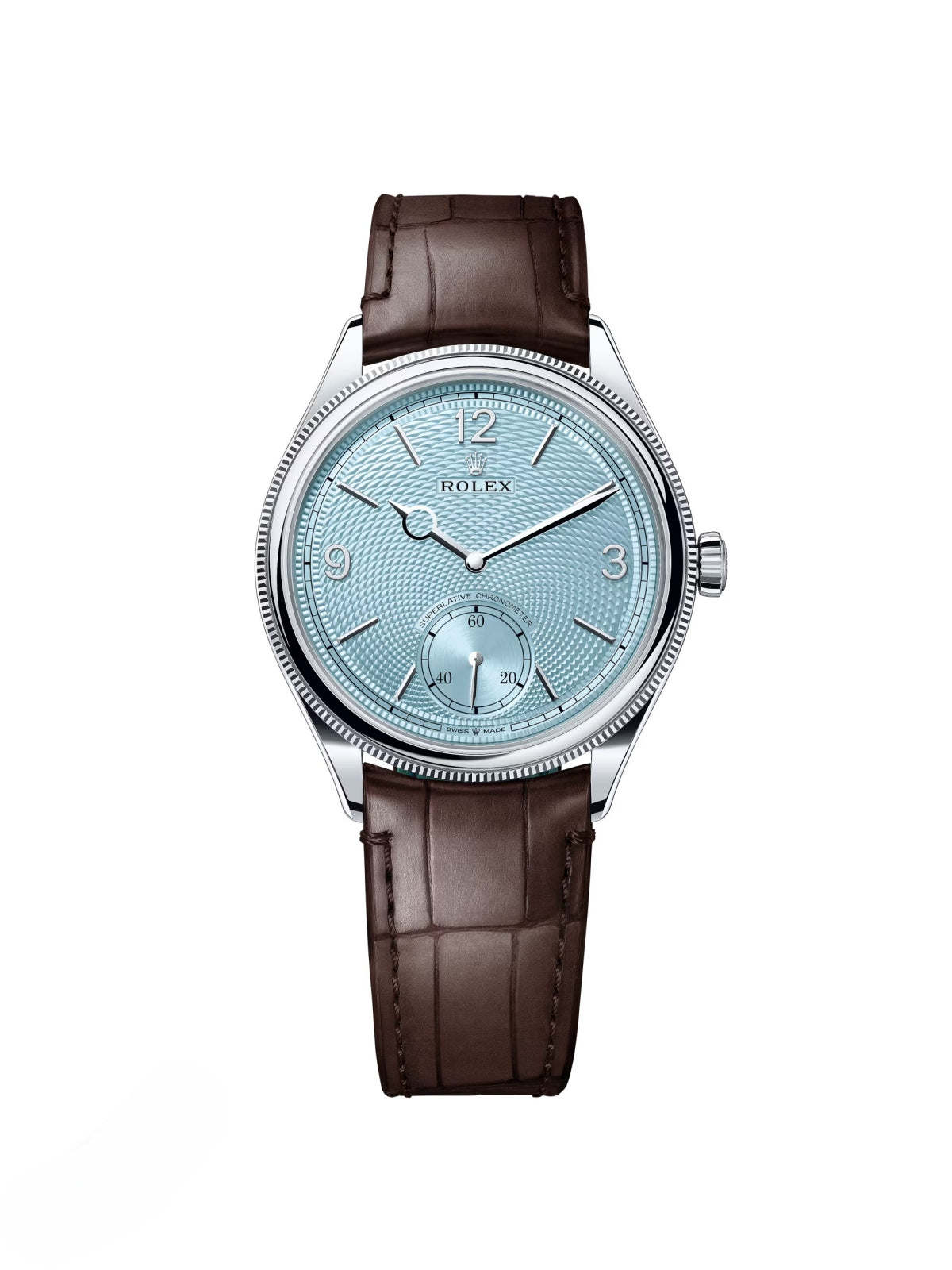 【1:1 Super Clone】Rolex 1908 Platinum Ice Blue Dial Brown Alligator Strap - 52506-0002