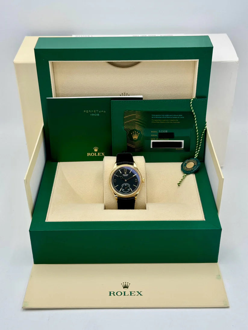 【1:1 Super Clone】Rolex 1908 Yellow Gold Black Dial Black Alligator Strap - 52508-0002