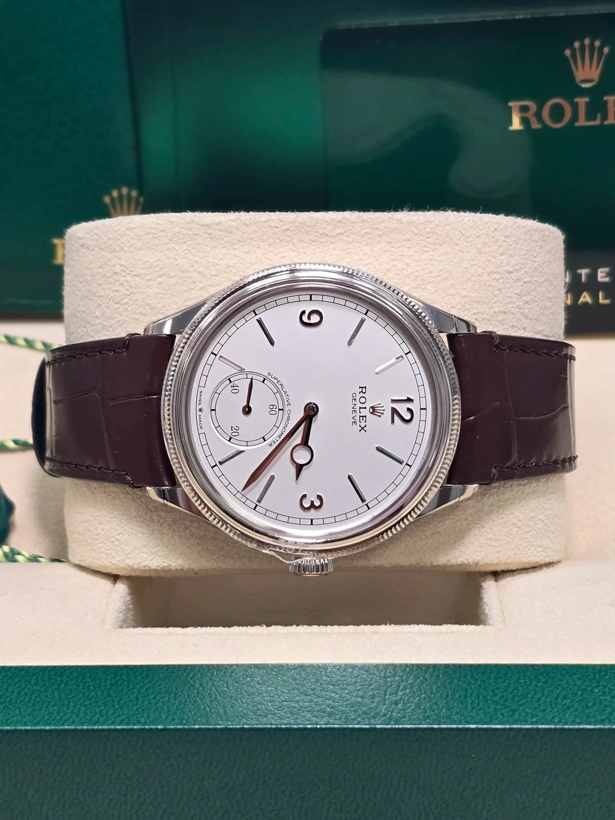 【1:1 Super Clone】Rolex 1908 White Gold White Dial Brown Alligator Strap - 52509-0006