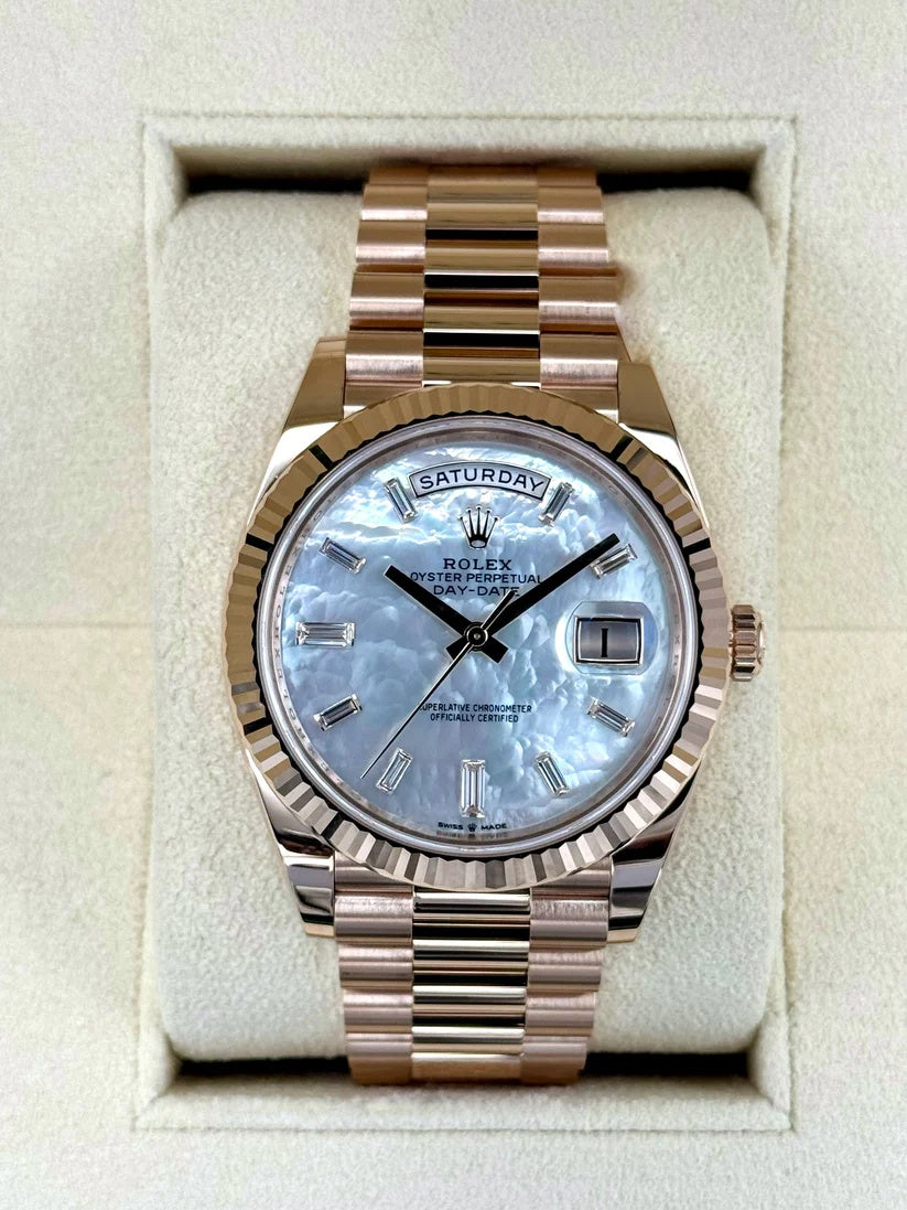【1:1 Super Clone】 Day-Date "President" 40mm Everose Gold Mother of Pearl Diamond Baguette Dial - 228235