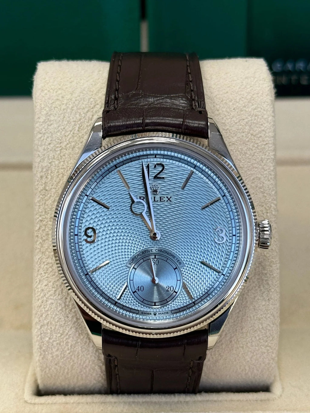 【1:1 Super Clone】Rolex 1908 Platinum Ice Blue Dial Brown Alligator Strap - 52506-0002