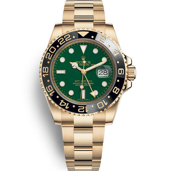 Rolex GMT Master II Green Dial Oyster Bracelet 18k Yellow Gold Mens Watch 116718G