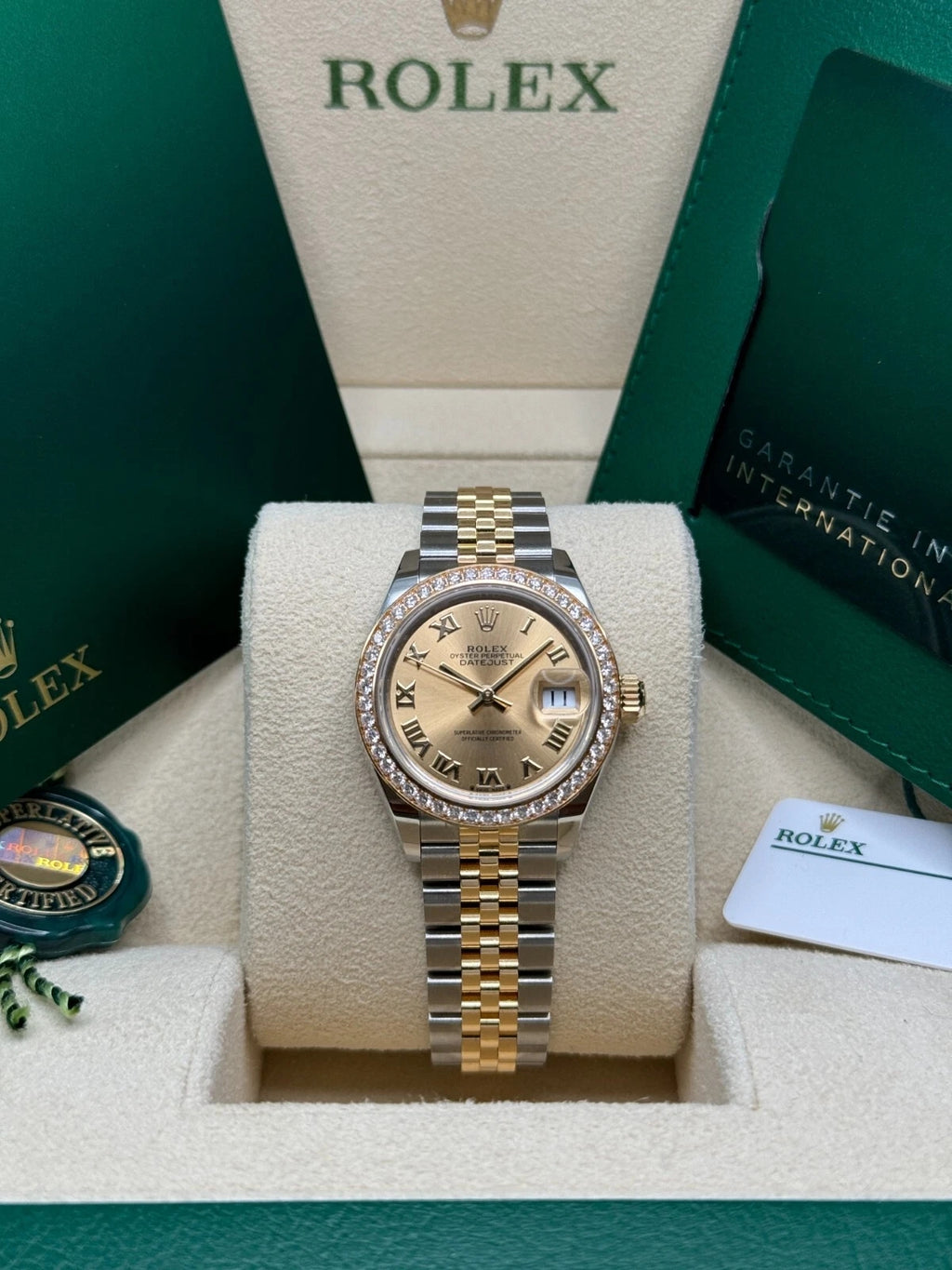 【1:1 Super Clone】 Lady-Datejust 28mm 279383RBR Champagne Roman Dial Yellow Rolesor Oyster Bracelet