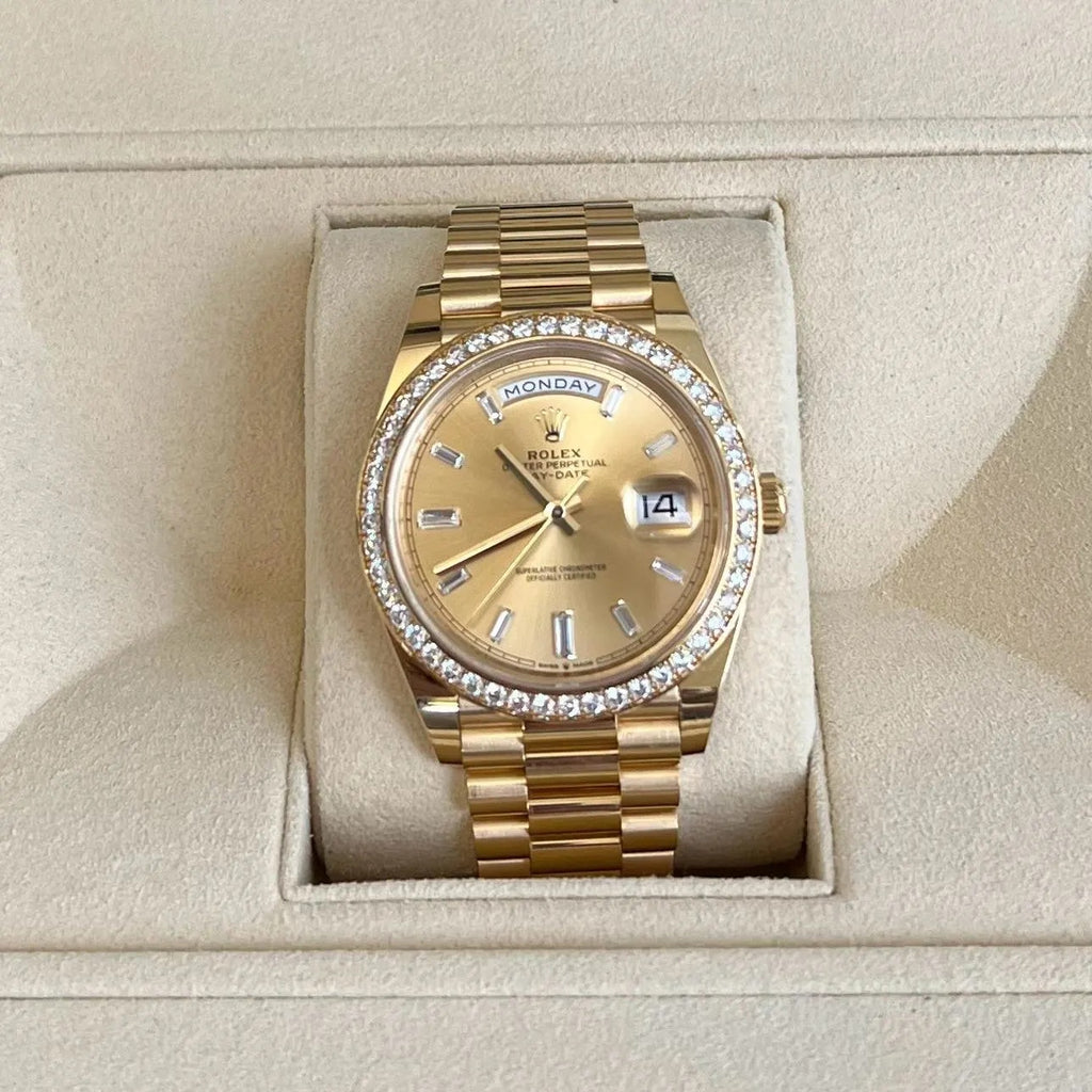【1:1 Super Clone】 Day-Date 40mm Champagne Diamond Dial and Bezel Yellow Gold President Bracelet 228348RBR-0002